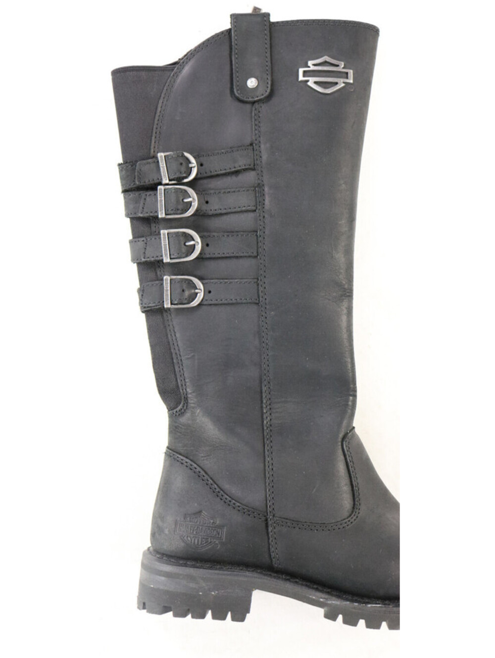 harley davidson knee high boots 8.5 black leather Hayley 15" buckles zip pull